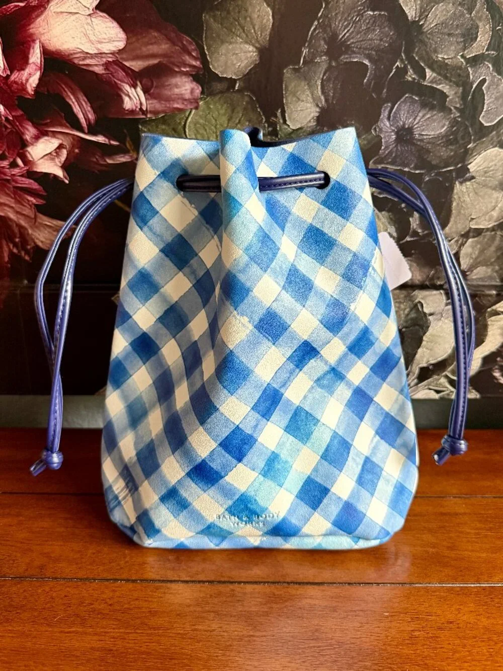 NEW Bath & Body Works Blue Gingham Drawstring Bucket Bag